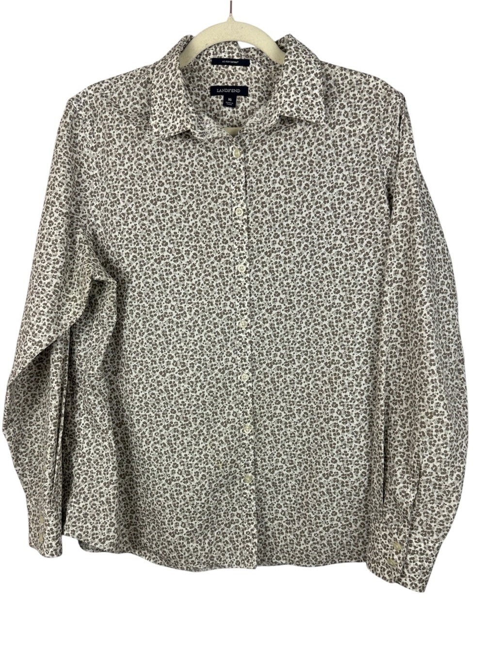 Lands' End No Iron Supima Cotton Button Down Shirt Leopard Animal Print Size 16